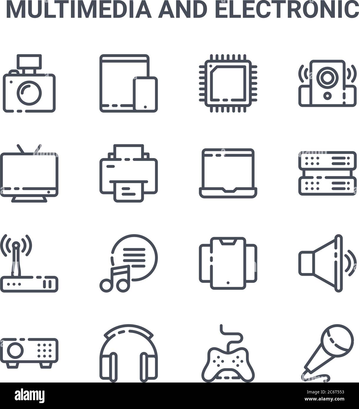 conjunto de 16 iconos de línea vectorial de concepto multimedia y electrónico. iconos de 64 x 64 de trazo fino como tableta, televisión, servidor, smartphone, auriculares, micr Ilustración del Vector
