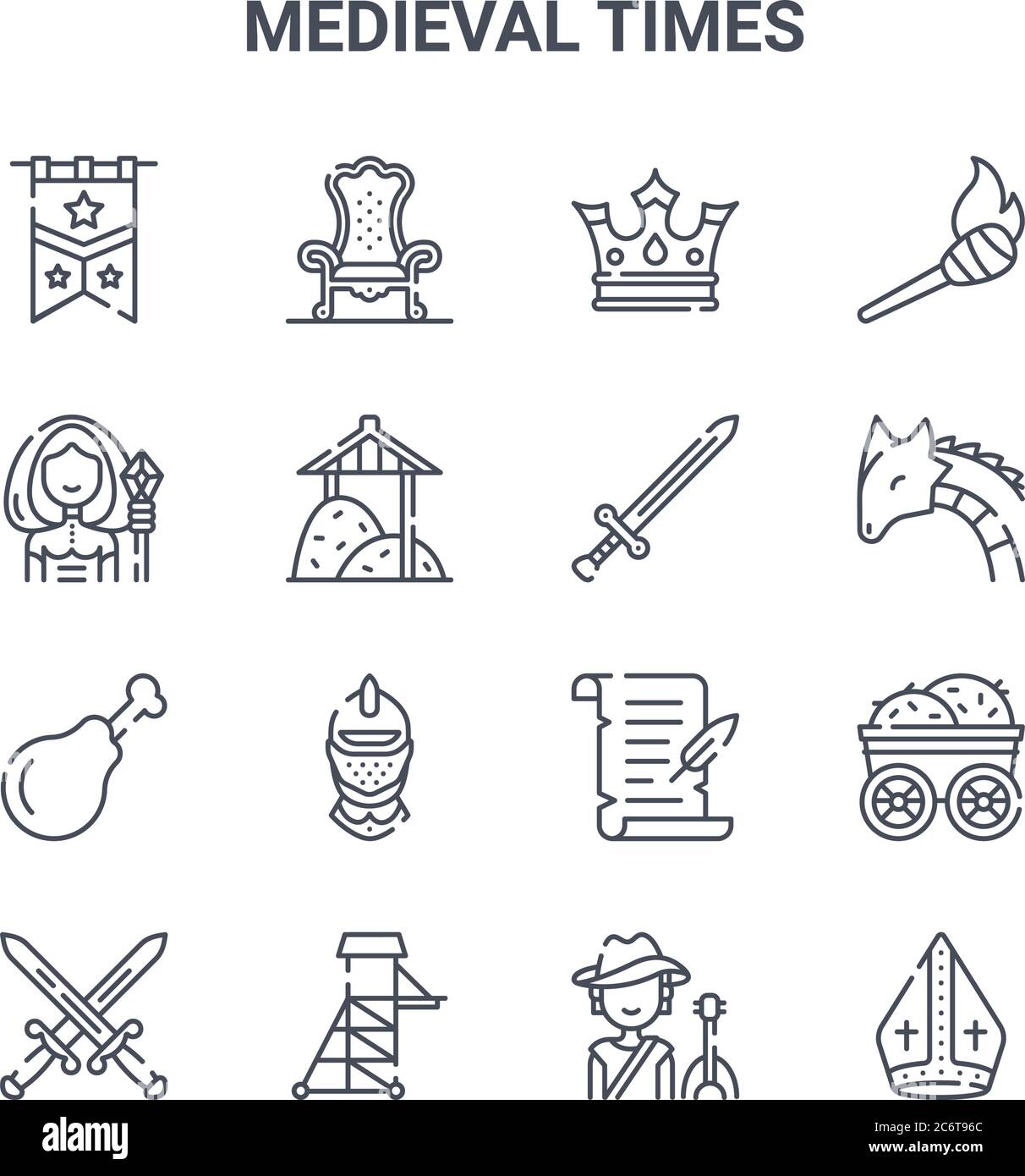 conjunto de 16 iconos de línea vectorial de concepto de tiempos medievales. iconos de 64x64 de trazo fino como el trono, bruja, dragón, pergamino, torre, obispo, bardo, espada, torc Ilustración del Vector