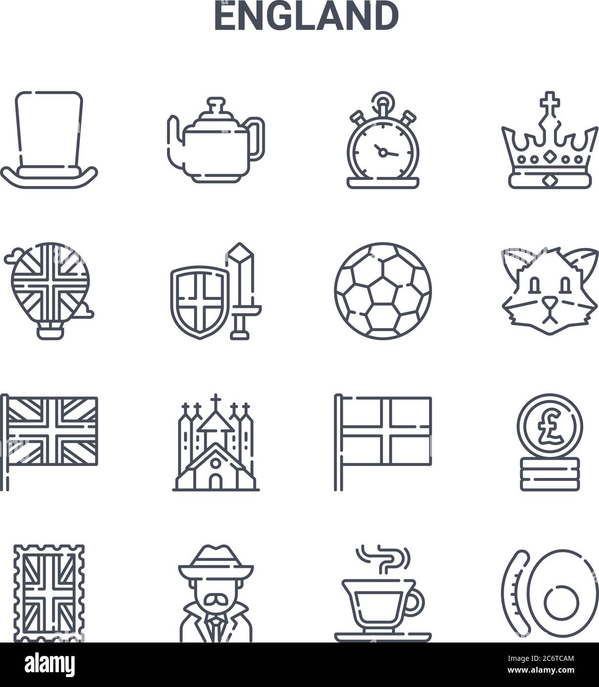 conjunto de 16 iconos de línea vectorial de concepto de inglaterra. iconos de 64x64 de trazo fino como teapot, globo de aire caliente, fox, inglaterra, detective, desayuno inglés, té, Ilustración del Vector