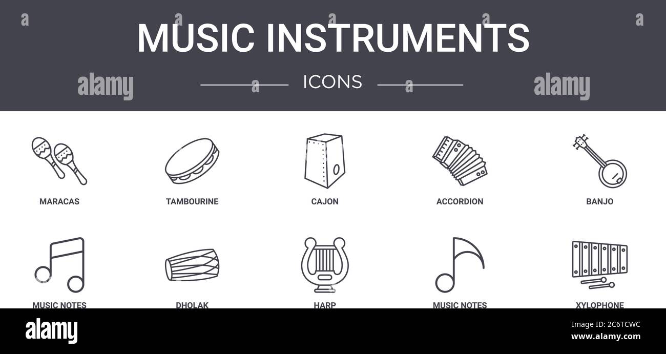 instrumentos musicales conjunto de iconos de línea conceptual. contiene  iconos que se pueden utilizar para web, logo, ui/ux como pandereta,  acordeón, notas musicales, arpa, notas musicales, xy Imagen Vector de stock  -