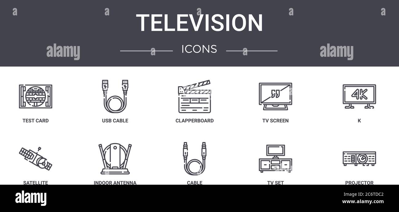 conjunto de iconos de línea de concepto de televisión. contiene iconos que  se pueden utilizar para web, logo, iu/ux como cable usb, pantalla de tv,  satélite, cable, tv, proyector, k, cl Imagen