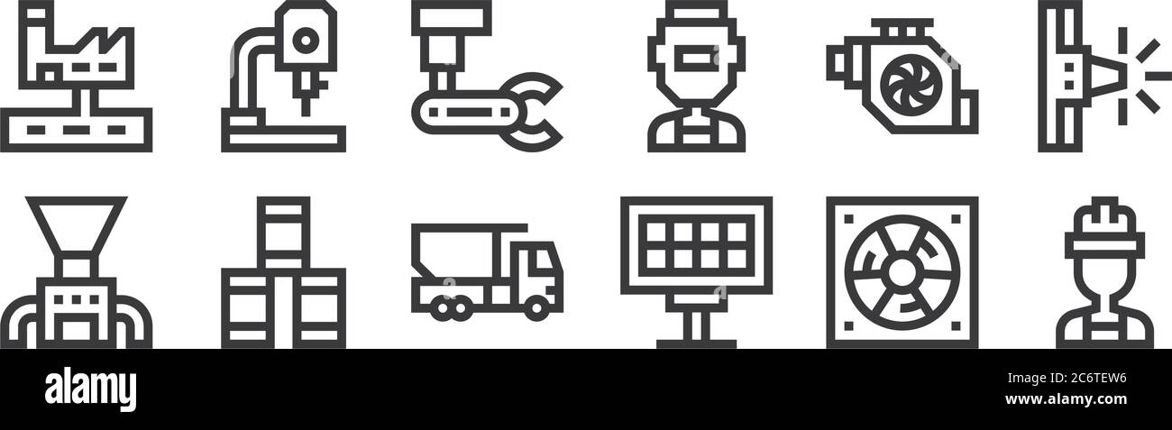 12 conjunto de iconos lineales de procesos industriales. iconos de contorno  fino como ingeniero, panel solar, barril de petróleo, motor, robot  industrial, taladro para web, mobi Imagen Vector de stock - Alamy