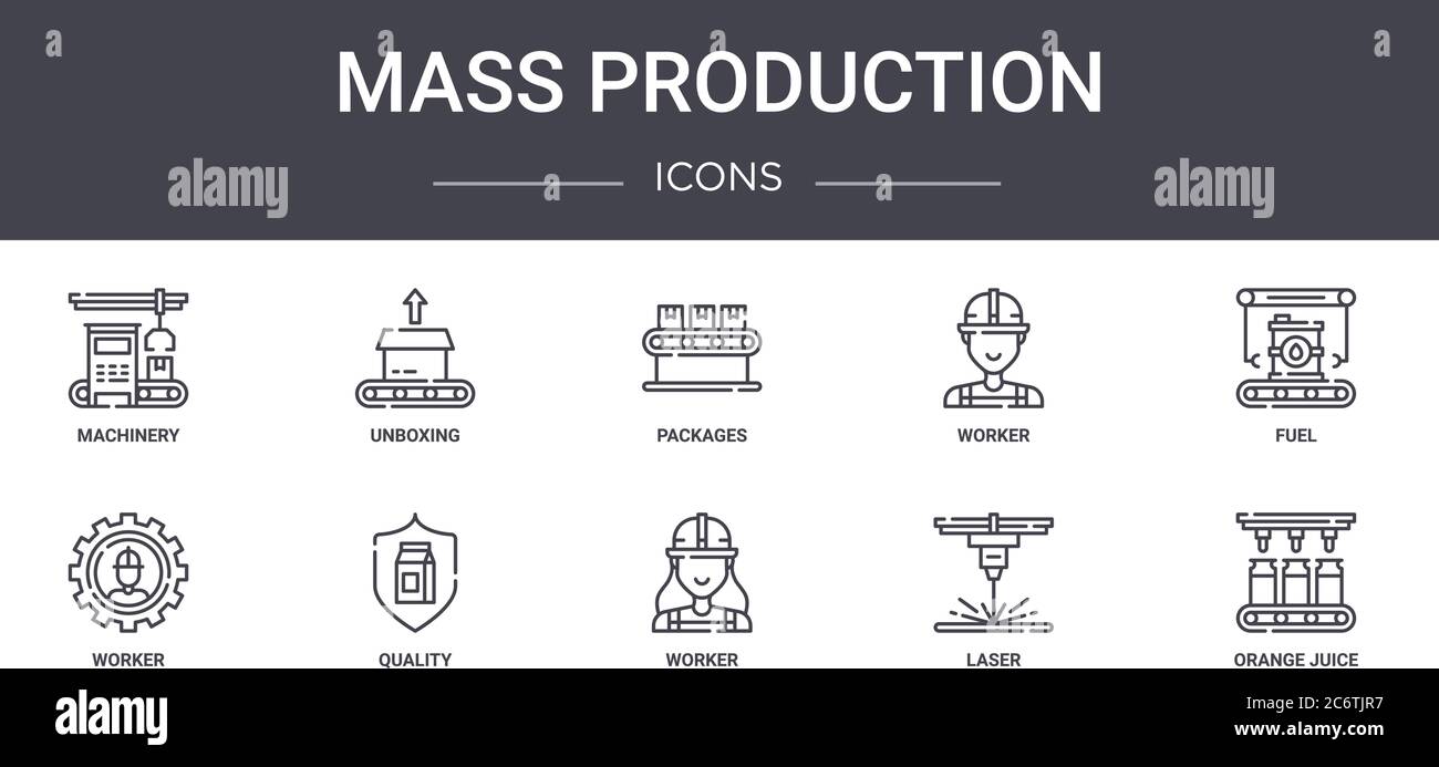 conjunto de iconos de línea de concepto de producción masiva. contiene iconos que se pueden utilizar para web, logo, ui/ux como unboxing, trabajador, trabajador, trabajador, láser, jugo de naranja, combustible Ilustración del Vector