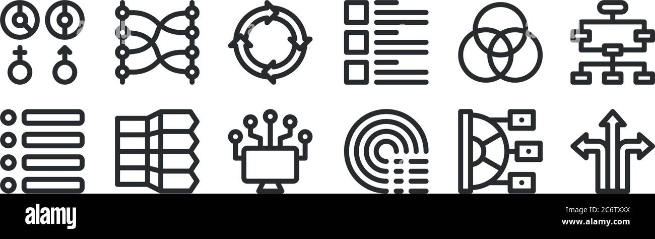 conjunto de 12 iconos de contorno fino como direcciones, barrido, elementos infográficos, rgb, infografías, relaciones para web, móvil Ilustración del Vector