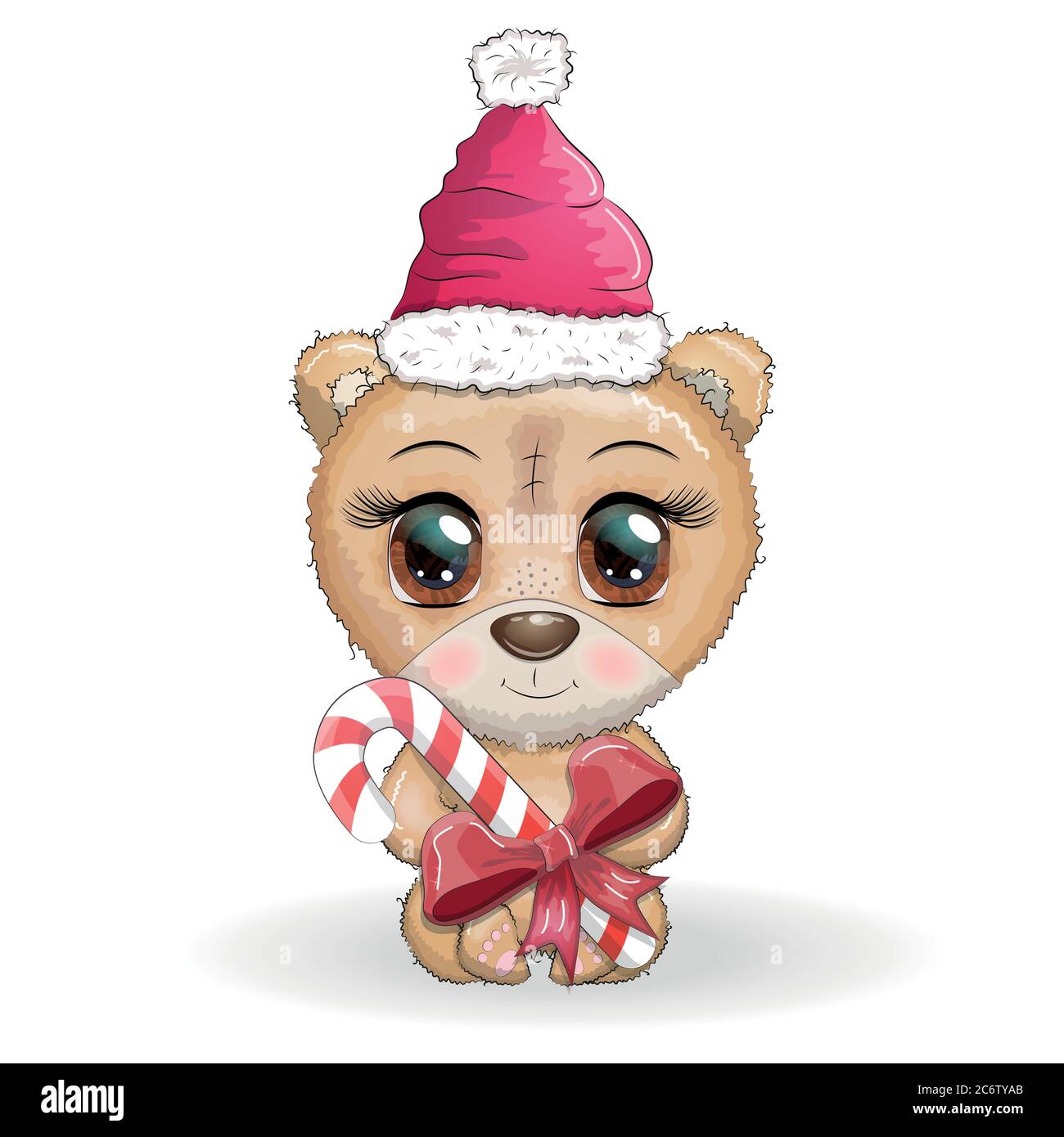 Lindo oso de dibujos animados con grandes ojos en un sombrero de Navidad  con un caramelo, Feliz Navidad y año Nuevo Imagen Vector de stock - Alamy