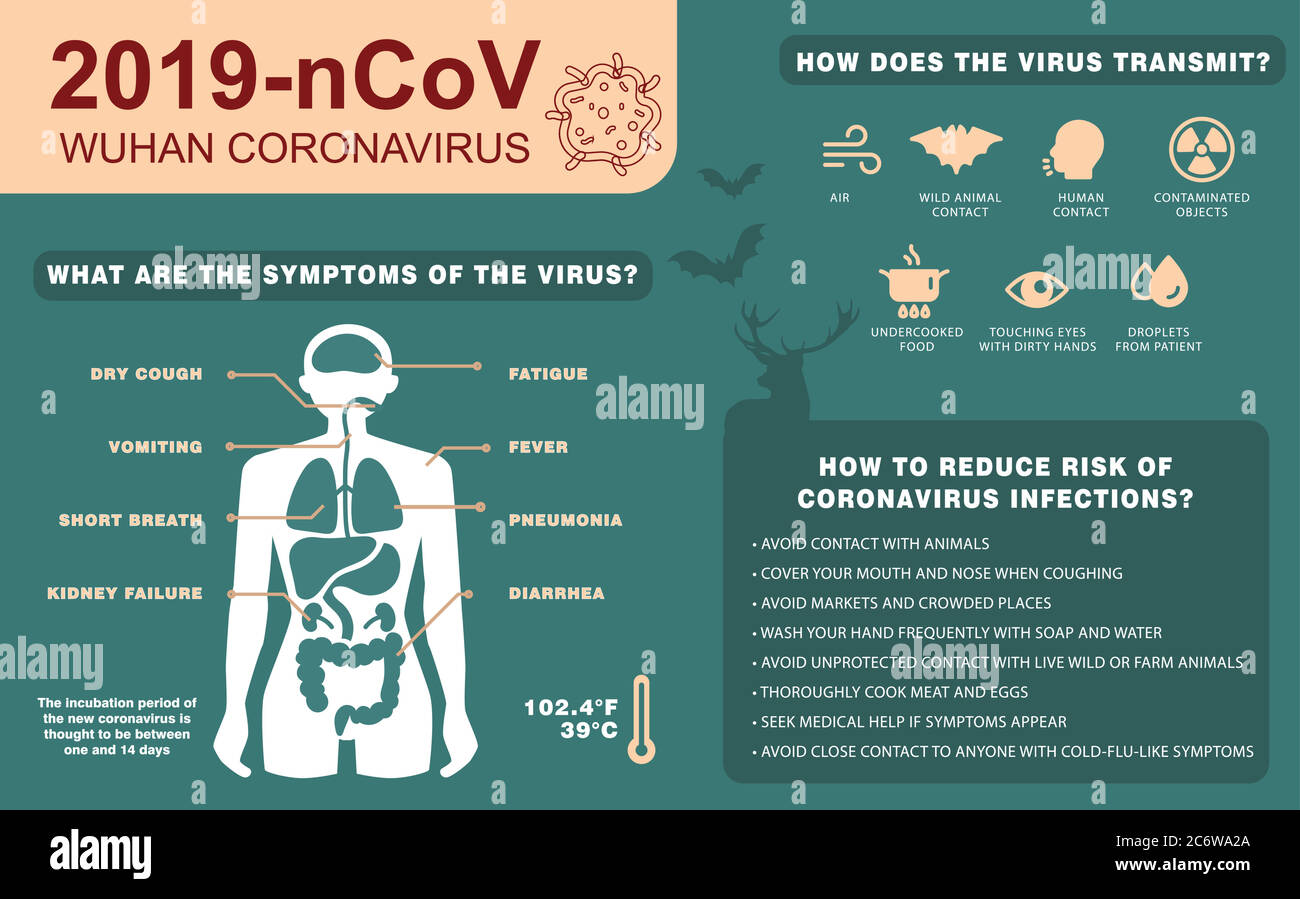 2019-nsíntomas de CoV y propagación. Vector de infografía del virus de la corona. Consejos de protección contra virus. Investigación y desarrollo de una vacuna preventiva. Aerotransportado, Ilustración del Vector