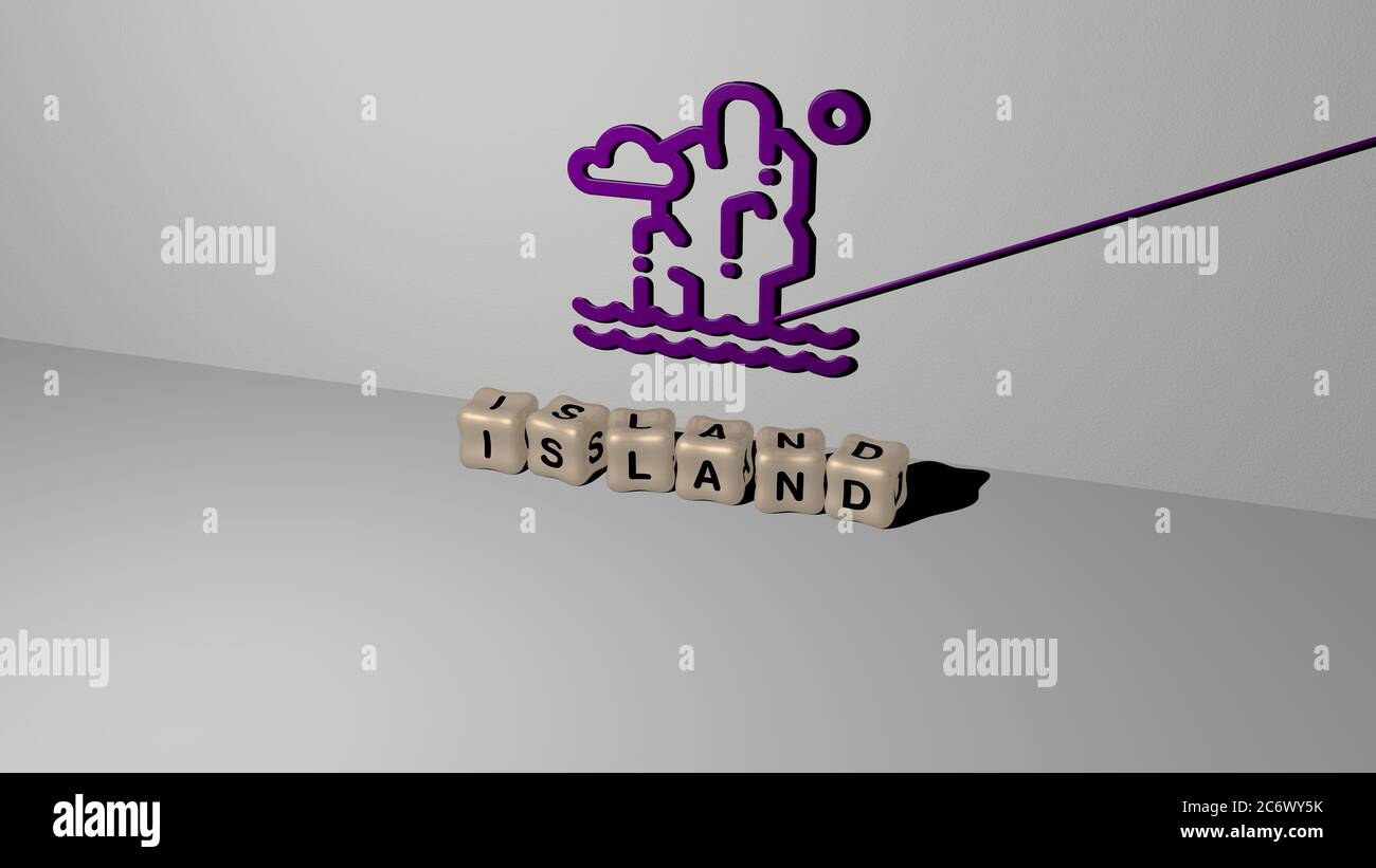 Representación 3D de la isla con icono en la pared y texto organizado por letras cúbicas metálicas en un piso espejo para el significado conceptual y presentación de diapositivas. playa y azul Foto de stock