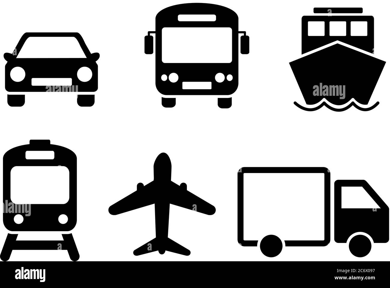 Conjunto de iconos de medios de transporte. Negro sólido plano modos de  viaje web iconos de coche, tren, barco, avión y autobús. EPS 10 vector  Imagen Vector de stock - Alamy