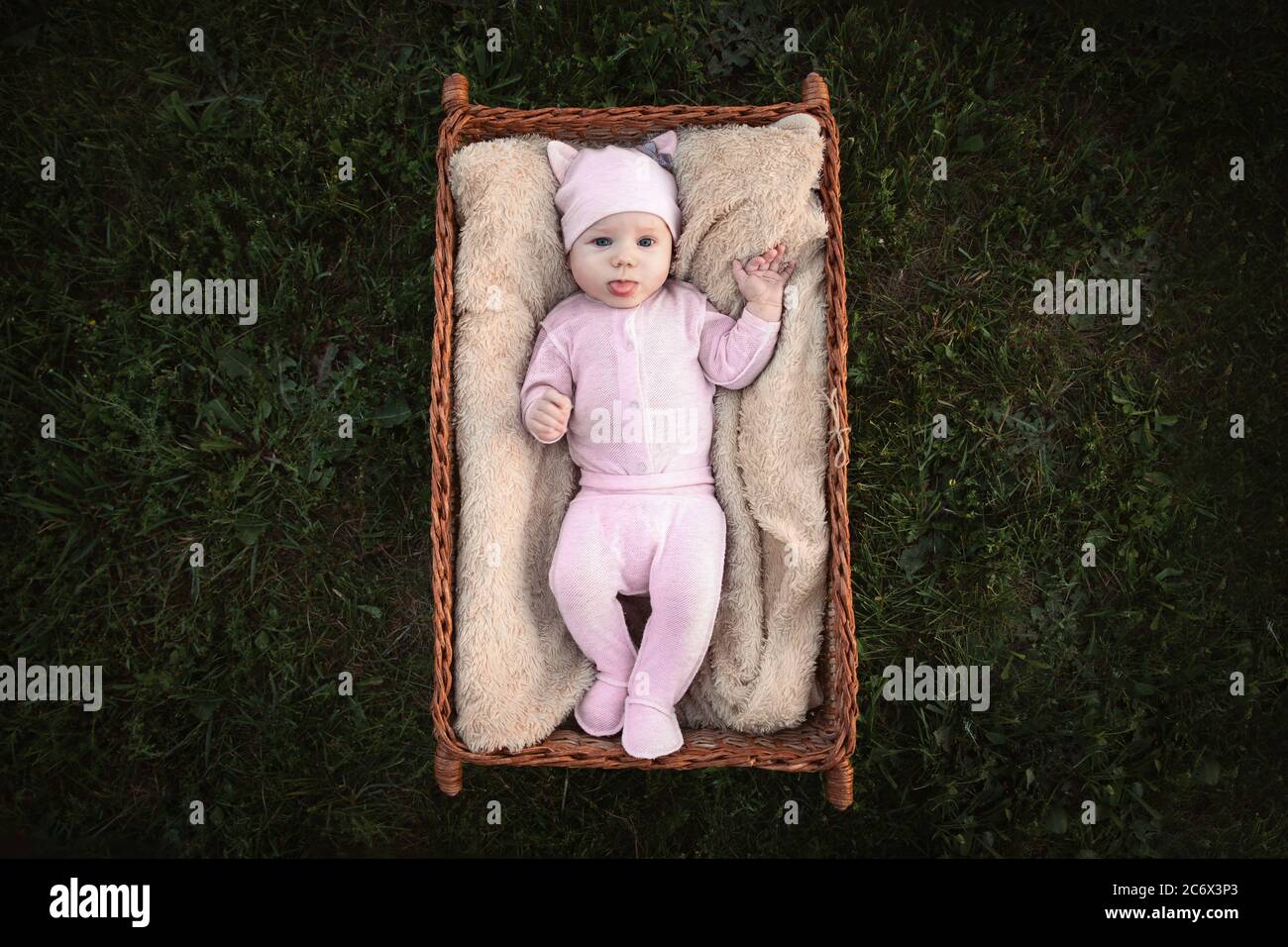 Recien Nacido De 2 Meses De Edad Bebe Se Encuentra En Una Canasta En La Hierba Fotografia De Stock Alamy
