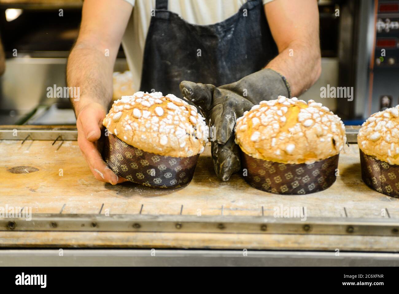 Chef de pastelería terminando el pan dulce de Navidad italiano en horno