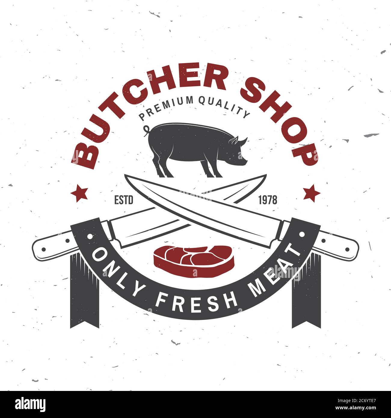 Carnicería Bidge o etiqueta con cerdo, cerdo, bistec y cuchillo de cocina.  Vector. Diseño de logotipo tipográfico vintage con cerdo, cerdo, bistec,  silueta de cuchillo de cocina. Tienda de carne, mercado, restaurante