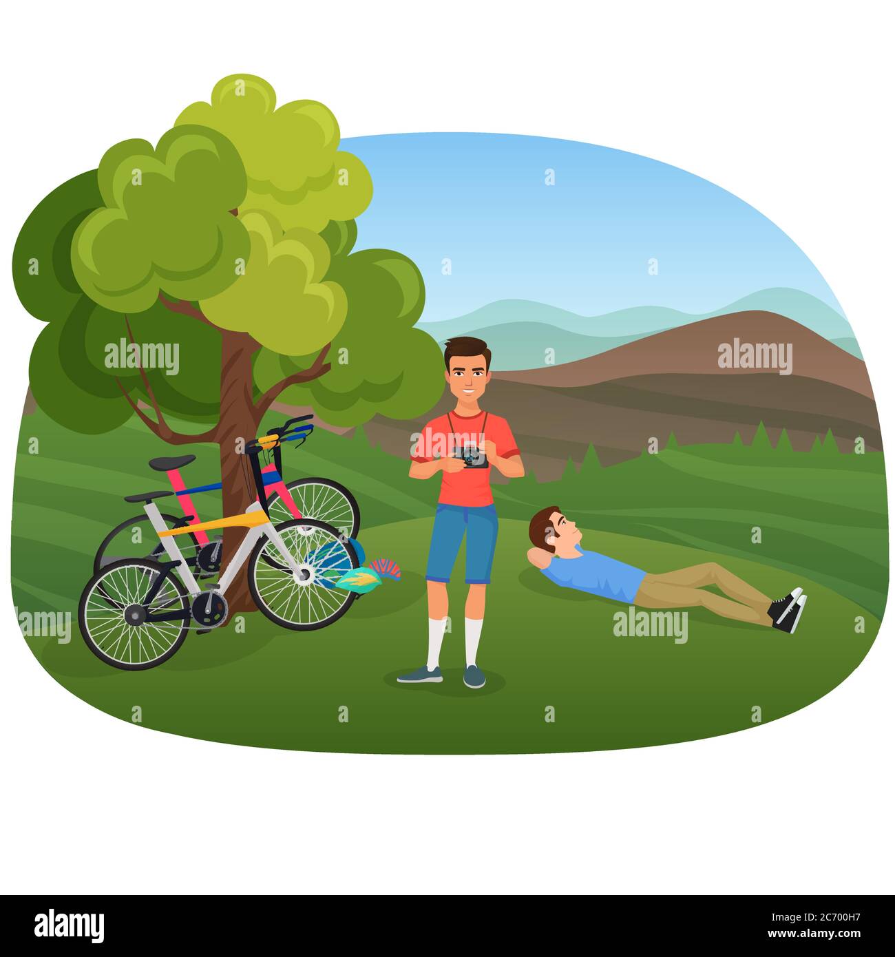 Personas con cámara y bicicletas en la naturaleza cerca de las montañas vector ilustración Ilustración del Vector