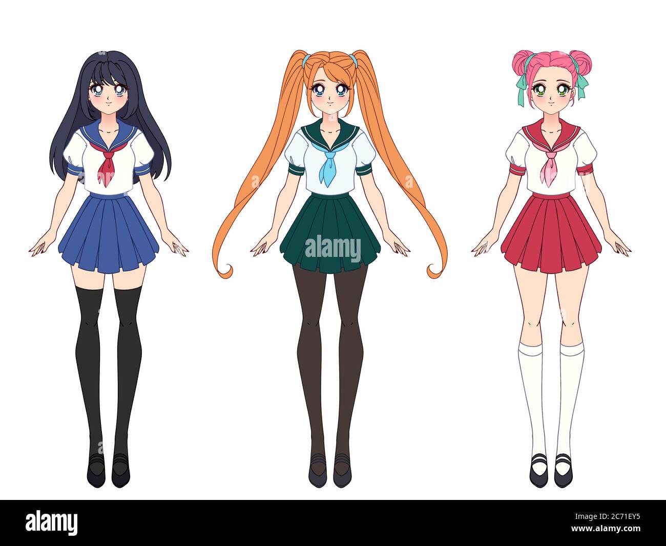 Conjunto de tres chicas anime con uniforme escolar japonés. Diferente  peinado. Cabello rosa, rojo y negro. Ilustración vectorial dibujada a mano  Imagen Vector de stock - Alamy