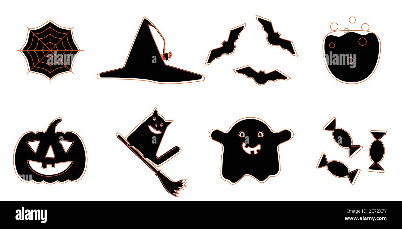 Conjunto de negro con color naranja contorno iconos de Halloween. Color  naranja contorno divertido halloween iconos. Dibujos animados iconos de  estilo fantasma, calabaza, escoba, sombrero y gato Imagen Vector de stock -