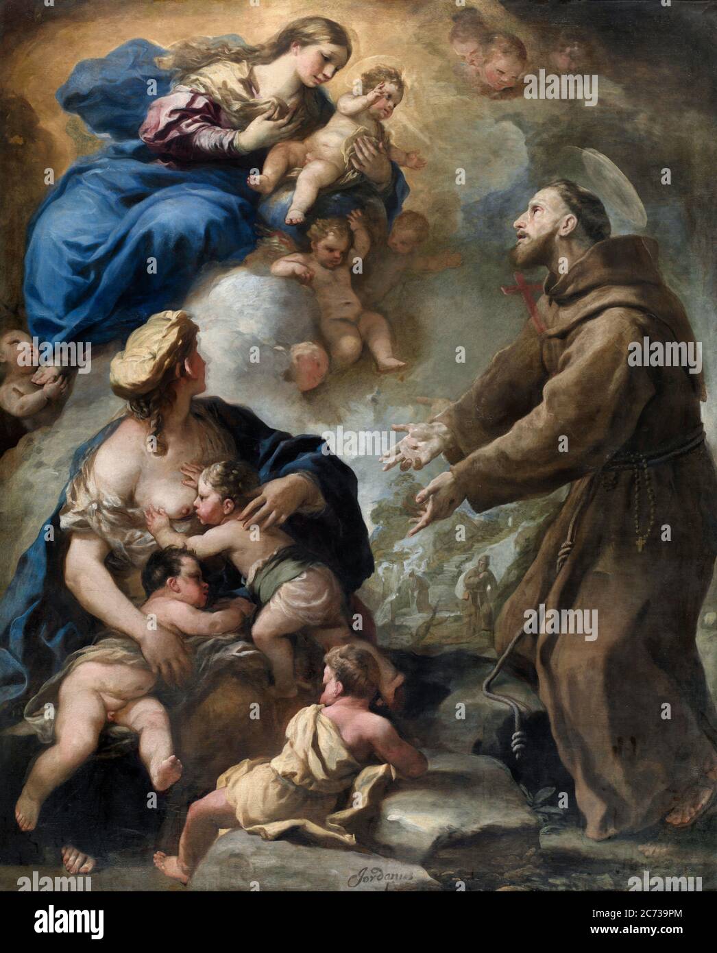 La Virgen y el Niño compareciendo ante San Francisco de Asís por Luca Giordano, 1680 Foto de stock