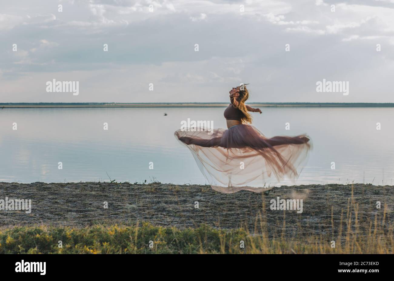 Un bailarín de ballet moderno actuando en la naturaleza. Una bailarina o bailarina moderna en un vestido de seda rosa bailando en la naturaleza. Foto de stock