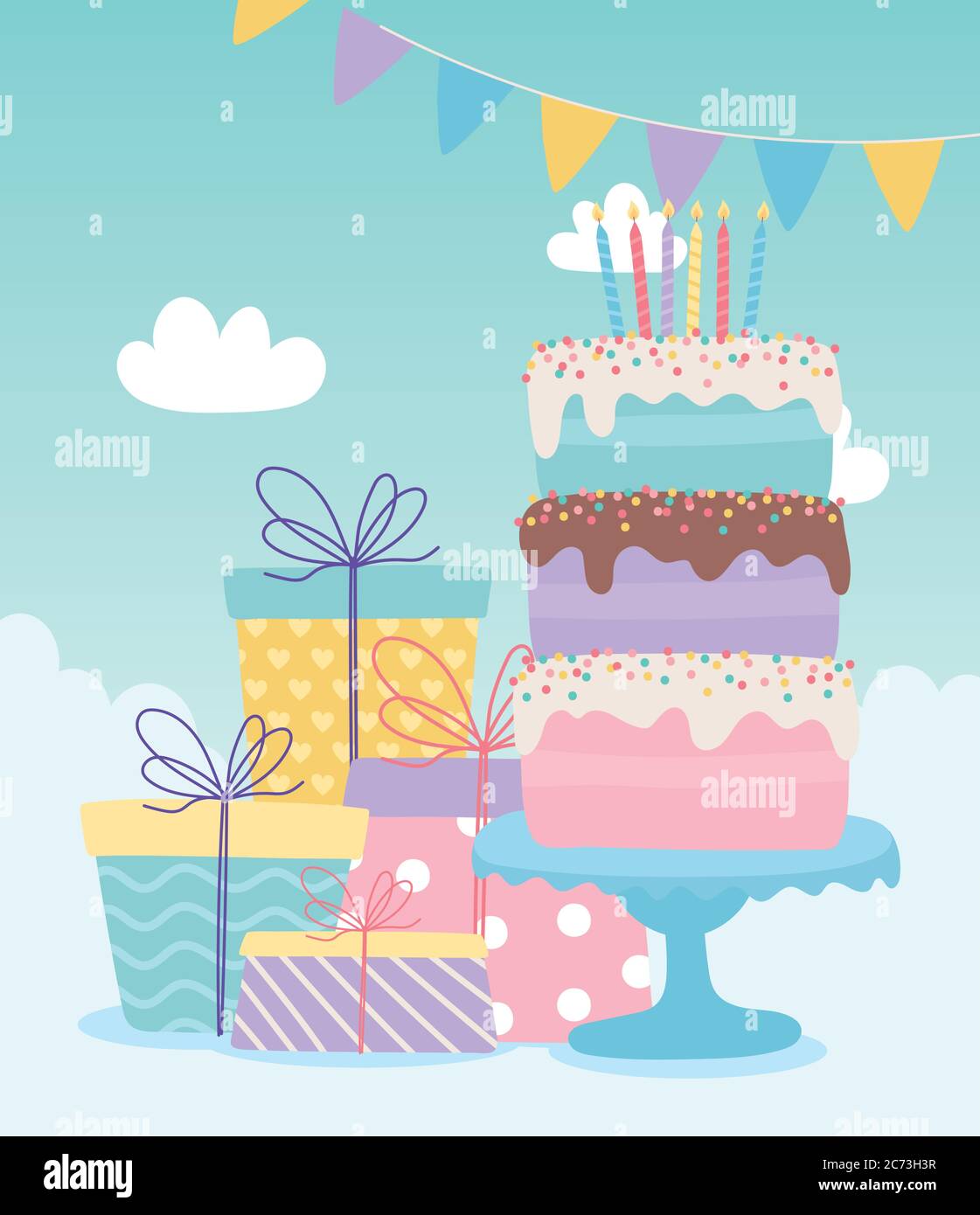 feliz cumpleaños, pastel con velas y cajas de regalo celebración decoración  dibujos animados vector ilustración Imagen Vector de stock - Alamy