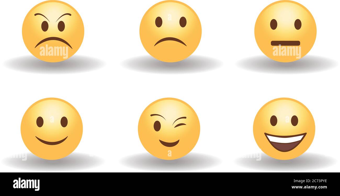 Conjunto de seis amarillo lindo feliz sonriendo, triste, enojado, sorprendido y neutral emoticones. Se enfrenta a las emociones. Expresión facial, humor. emoji 3d. Dibujos animados divertidos Imagen Vector de stock - Alamy Conjunto de seis amarillo lindo feliz sonriendo, triste, enojado, sorprendido y neutral emoticones. Se enfrenta a las emociones. Expresión facial, humor. emoji 3d. Dibujos animados divertidos Imagen Vector de stock - Alamy