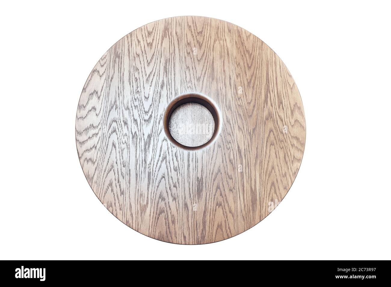 Mesa de café de madera en forma de círculo sobre fondo blanco Foto de stock