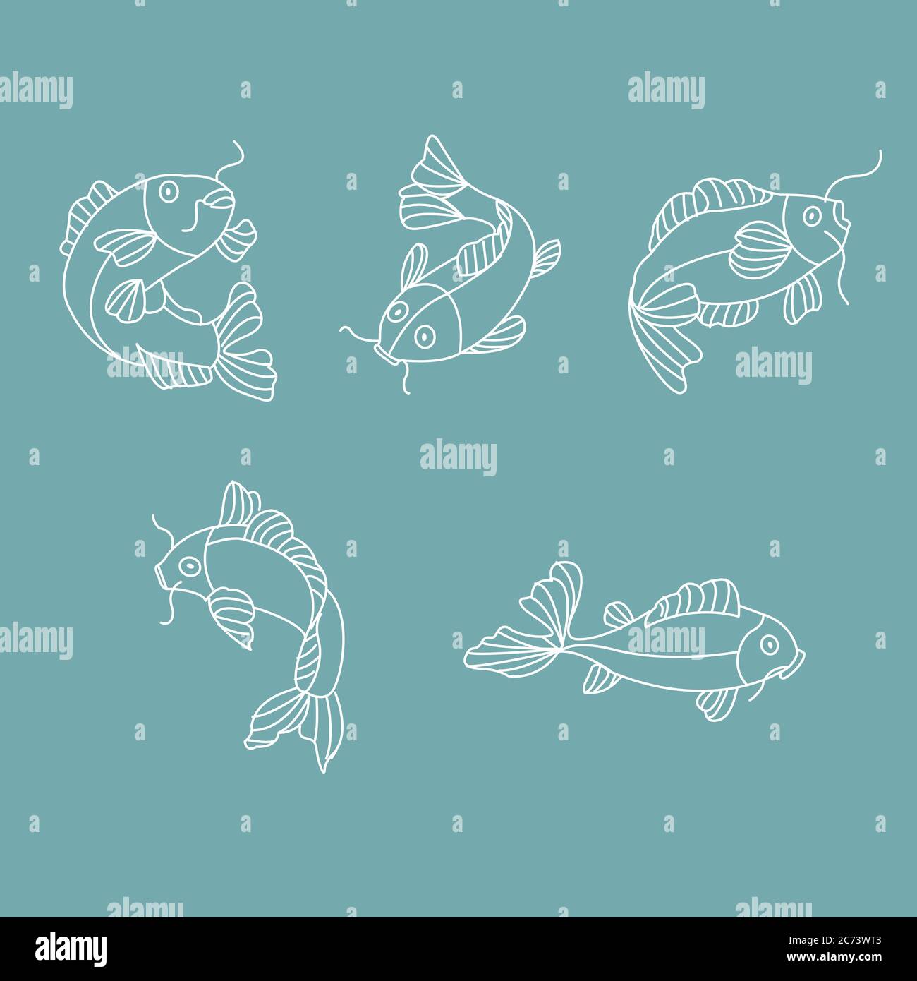 Dibujo de arte lineal de un pez carpa con varias posadas de natación. Ilustración del Vector