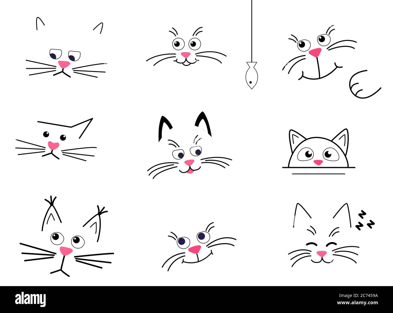Coloque caras de gatos lindos sobre un fondo blanco. Gatos felices, tristes  y considerados aislados. Dibujo de dibujos animados vectoriales en plano.  Para imprimir en taza, t-shi Imagen Vector de stock -