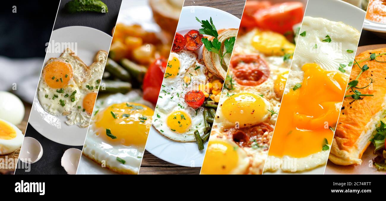 Collage de varios platos. Un menú variado de huevos de pollo. Tortilla de huevos fritos. Collage con comida amarilla. Foto de stock