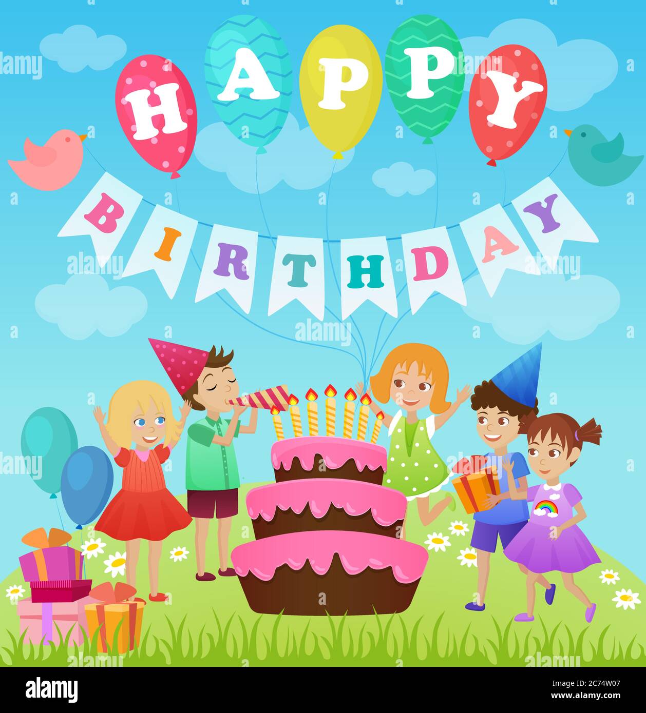 cálmese saltar Figura Fiesta de cumpleaños para niños. Ilustración de vector de dibujos animados  Imagen Vector de stock - Alamy