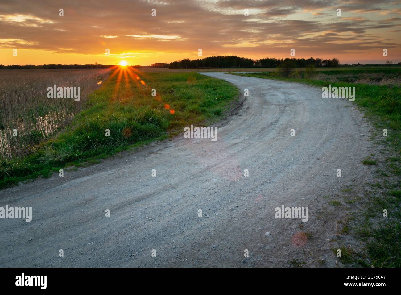 Carretera con piedras y puesta de sol, vista en la noche de primavera Foto de stock