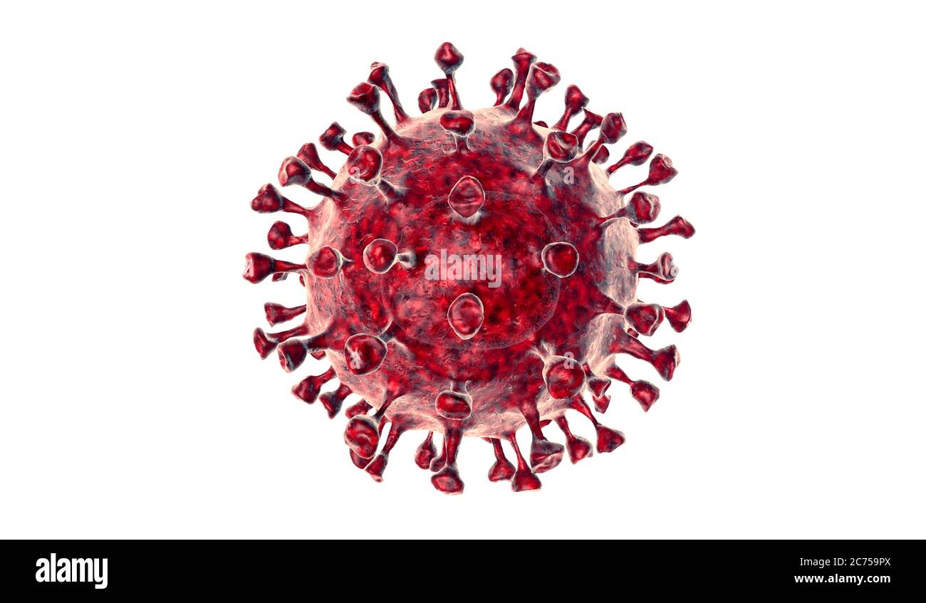 Coronavirus COVID-19 virus microscópico enfermedad del virus de la corona ilustración 3d. Reproducción 3D de virus sobre fondo blanco. Foto de stock