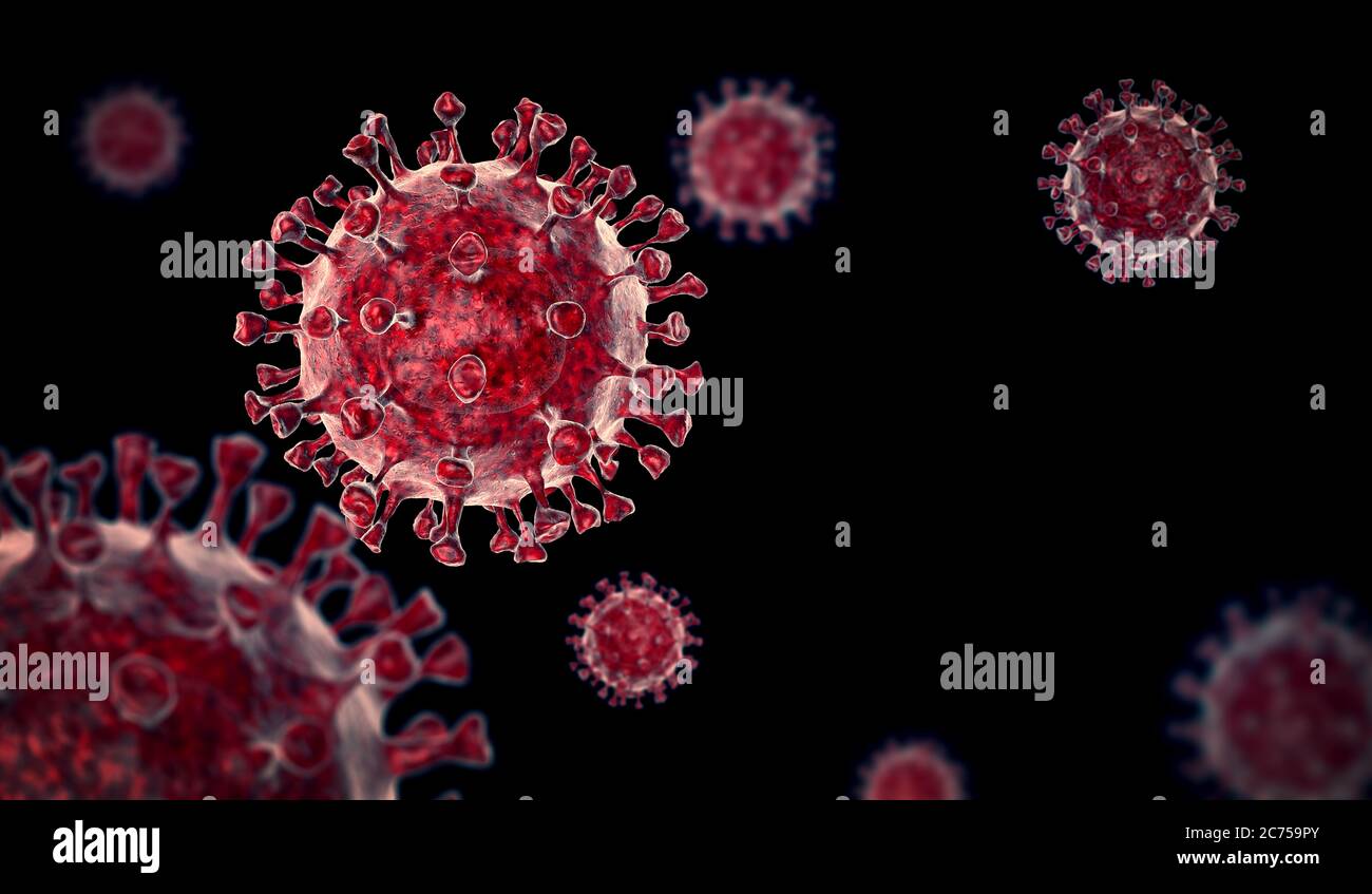 Coronavirus COVID-19 virus microscópico enfermedad del virus de la corona ilustración 3d. Reproducción 3D de virus sobre fondo negro. Foto de stock