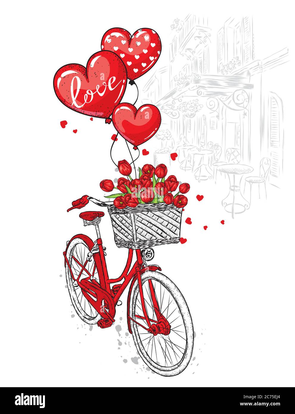 Una bicicleta con una cesta de corazones y globos en forma de corazón. Día  de San Valentín y amor. Ilustración vectorial para una postal o un póster  Imagen Vector de stock -