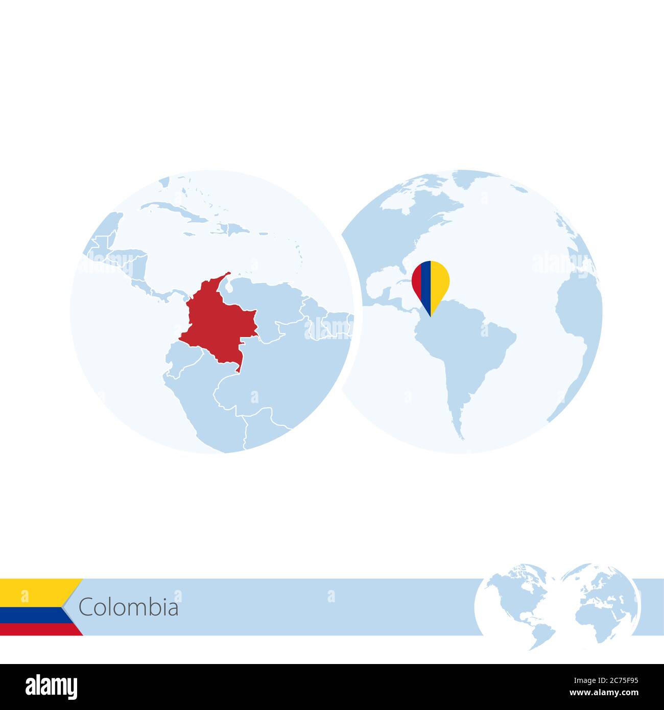 Colombia en el mundo con bandera y mapa regional de Colombia