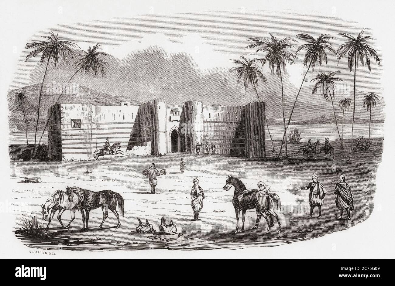 El Castillo de Aqaba, el Castillo de Mamluk o el fuerte de Aqaba, Aqaba, Jordania. De Monumentos de Tous les Peuples, publicado en 1843. Foto de stock