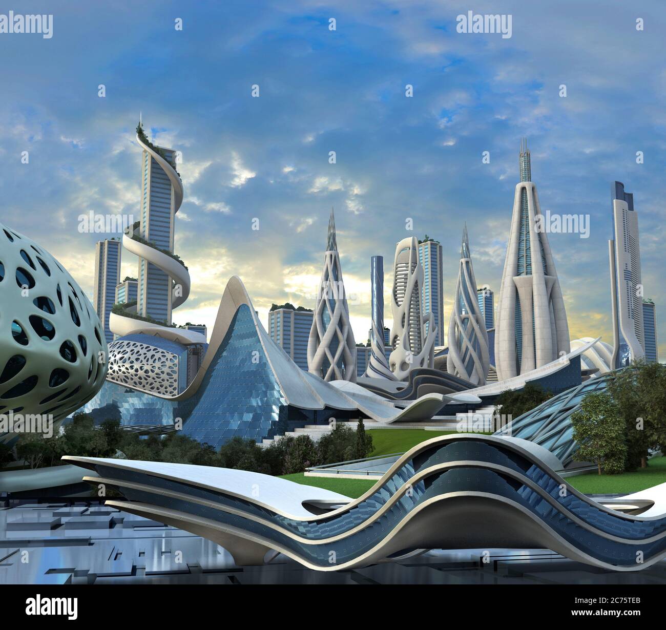Ilustración 3D de una ciudad futurista con edificios de gran altura en un diseño arquitectónico orgánico para fondos de ciencia ficción. Foto de stock