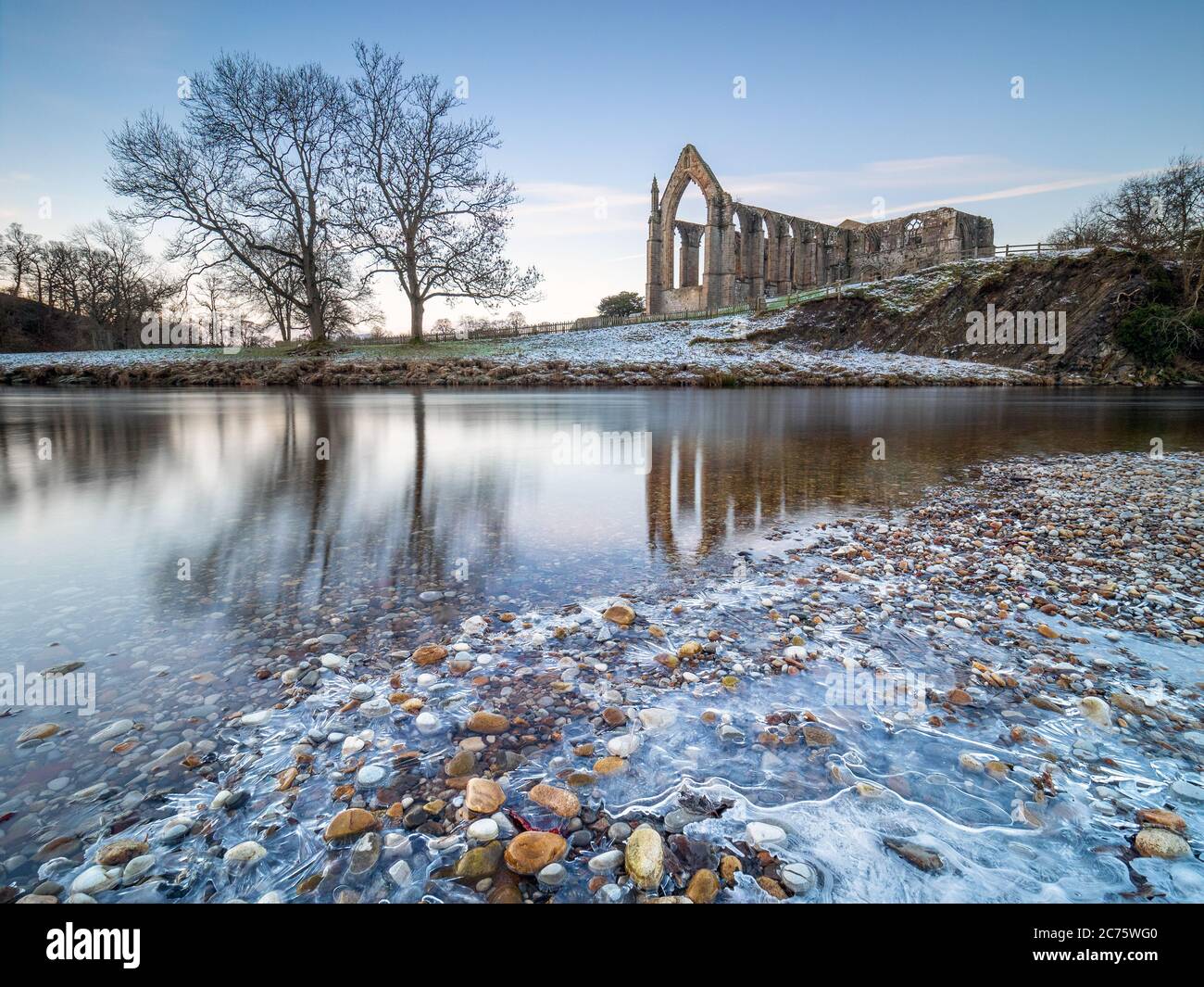 Las ruinas de la Abadía de Bolton de Wharfedale, en Yorkshire, se reflejan en el río Wharfe en una helada mañana de invierno helado. Foto de stock