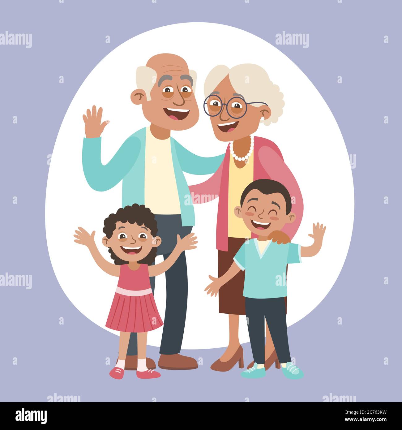 Feliz retrato de los abuelos y dos nietos pequeños. Feliz concepto de día  de abuelos. Ilustración vectorial en estilo de dibujos animados Imagen  Vector de stock - Alamy