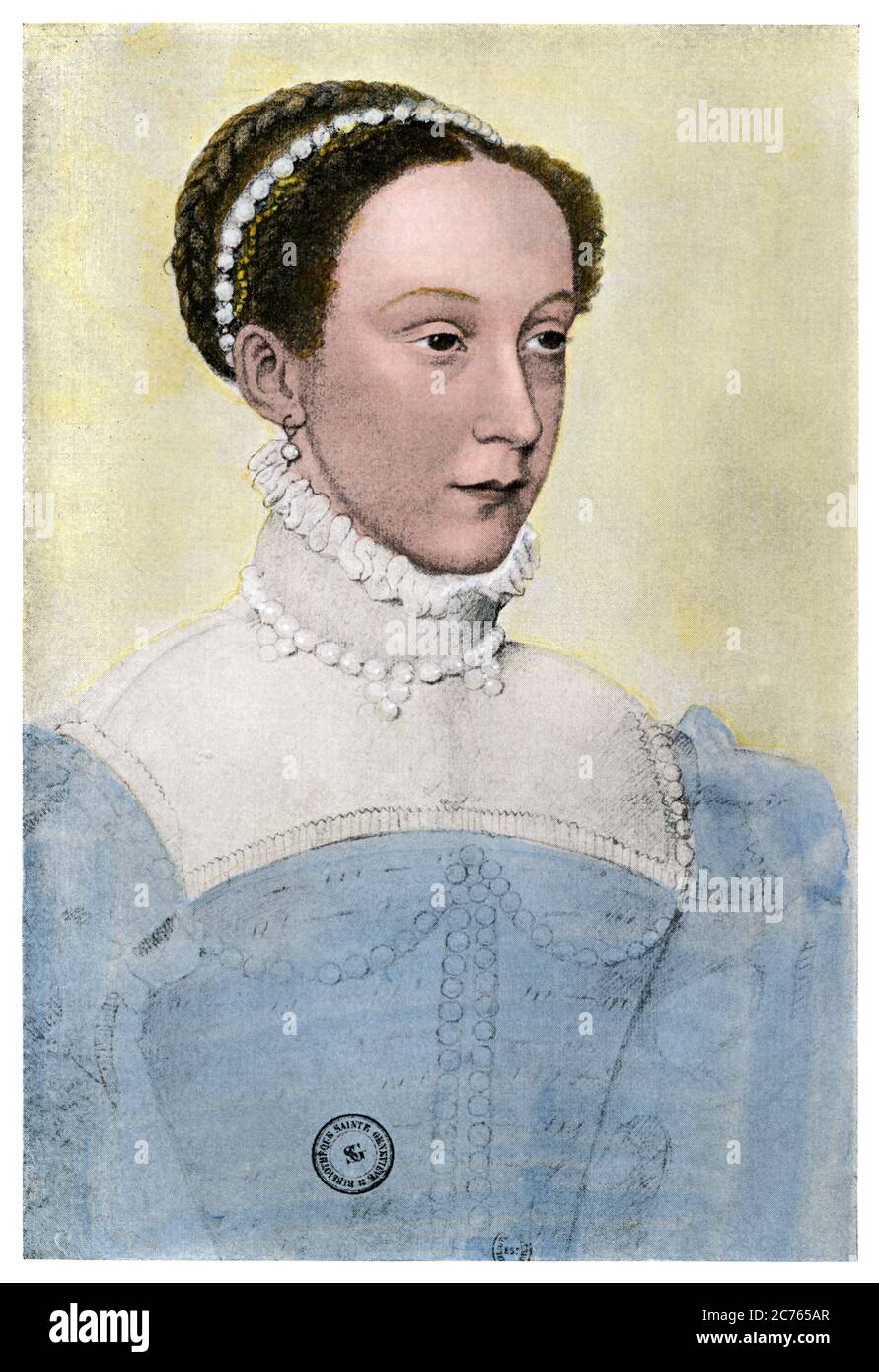 Mary Stuart como Reina Consort de Francia. La media tinta de color mano de una ilustración de Francois Coljet Foto de stock