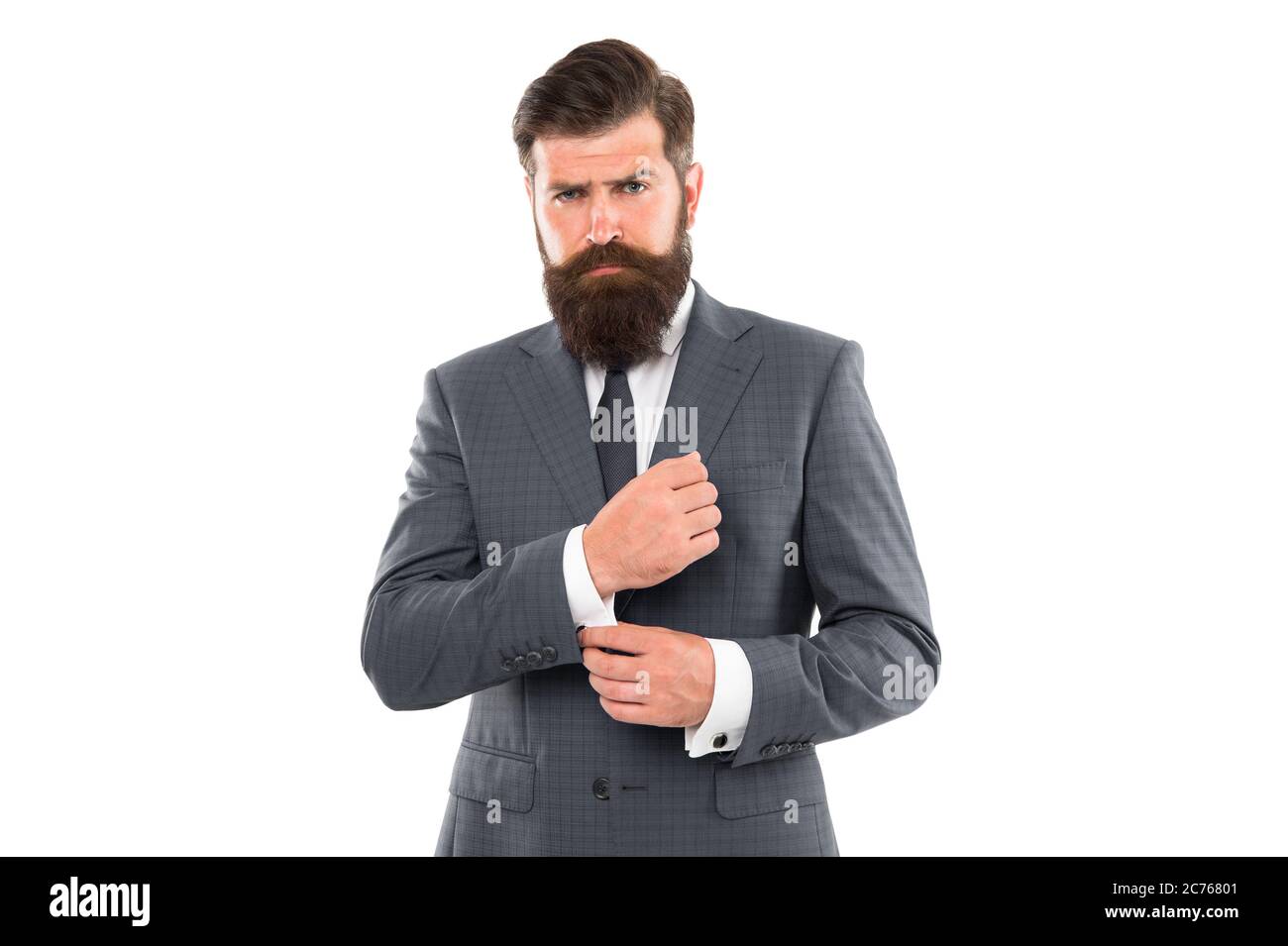 Ir por algo más clásico. Moda de hombre barbudo. Manguito de Businessman  FIX aislado en blanco. Estilo formal de moda. Ropa de formalwear. armario para  hombre. Tienda de moda. Moda elegante Fotografía
