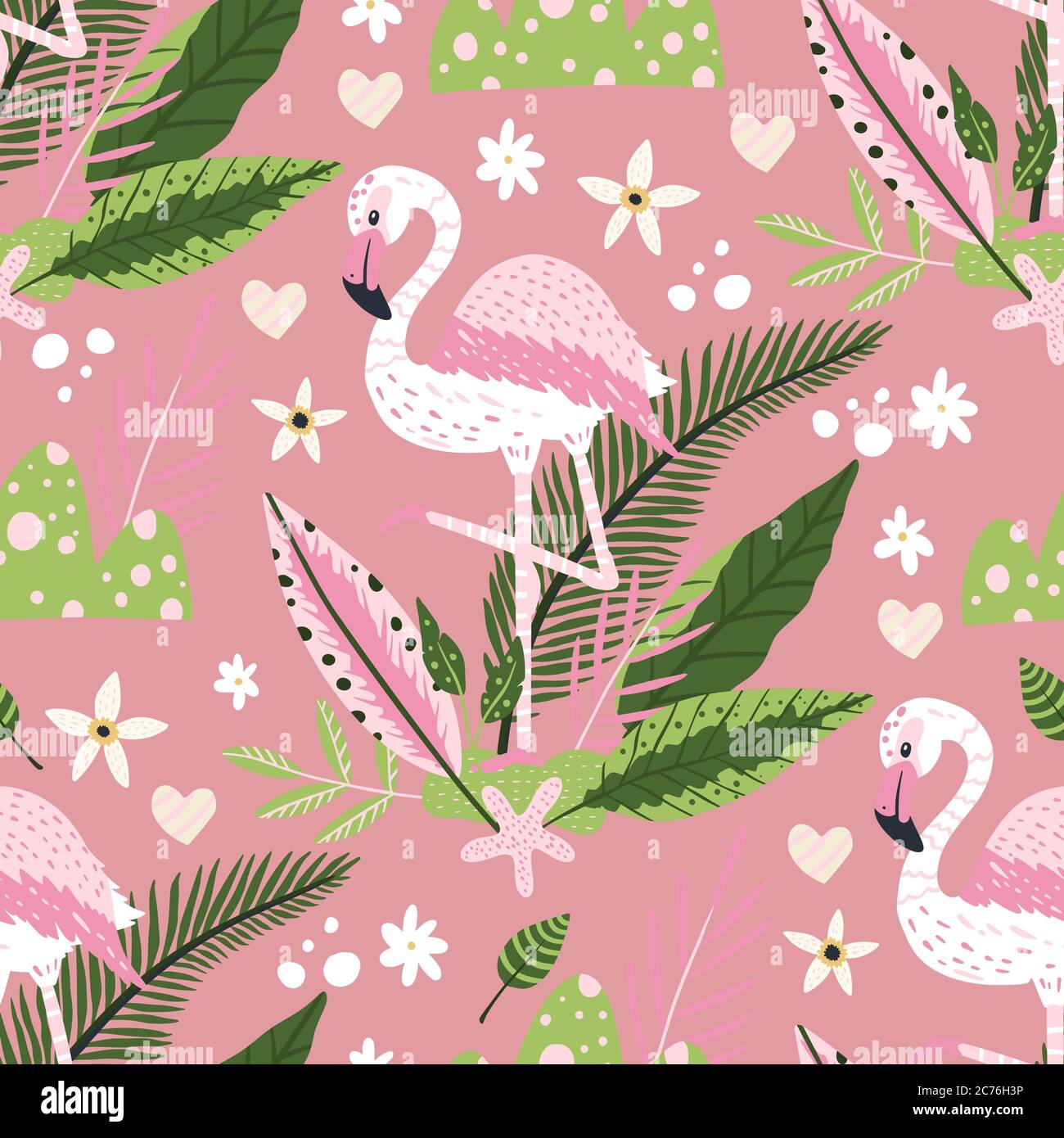 Tropical blanco flamenco pájaro sin costuras patrón de verano. Papel pintado exótico de vector con animales salvajes rosas y la ilustración floral de la selva sobre un fondo rosa. Ilustración del Vector
