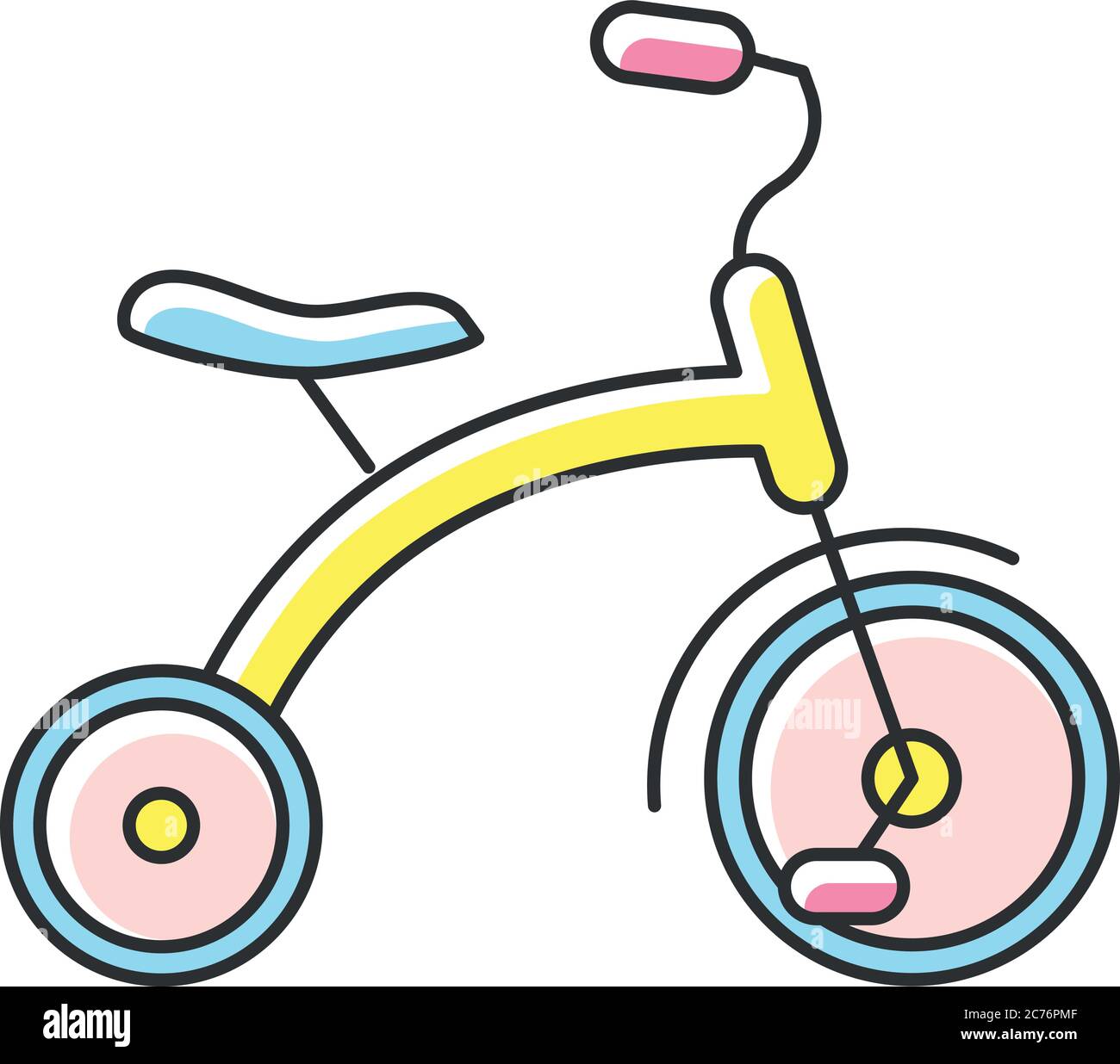 Icono de color RGB triciclo. Triciclos para niños pequeños. Los niños  viajan en equipo. Coordinación y desarrollo de equilibrio de los niños.  Diversión y actividad de los niños i Imagen Vector de