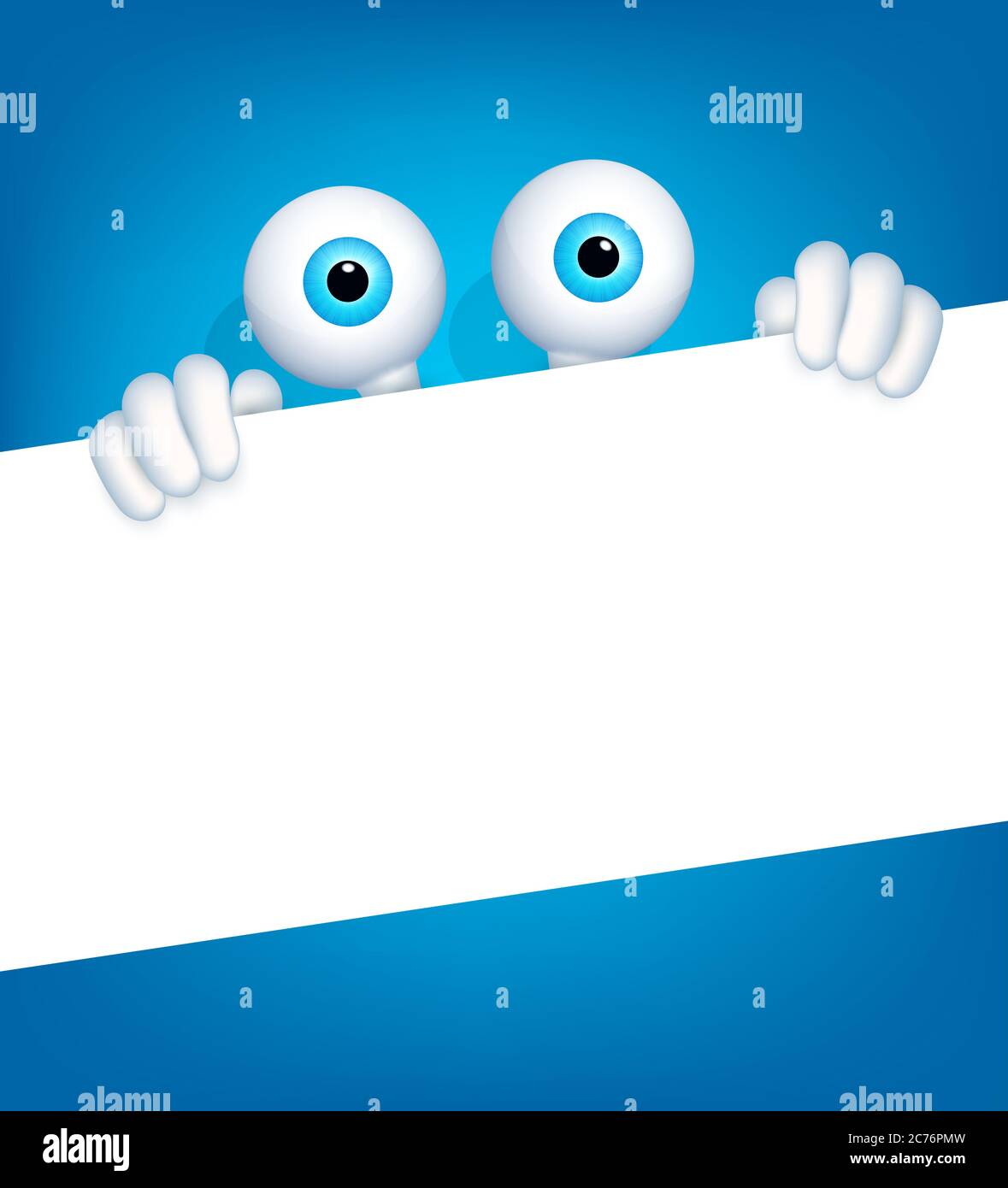 Vector ilustración con divertido héroe de dibujos animados 3d, que está sosteniendo una hoja blanca con espacio para el texto. Plantilla para publicidad, banner, promoción Foto de stock