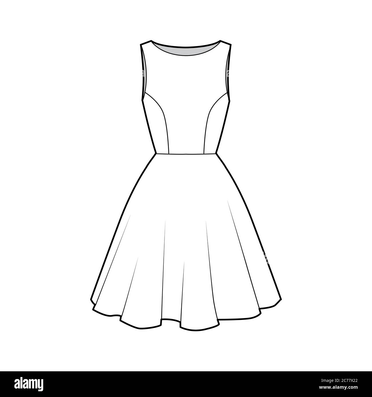 Vestido ilustración técnica de moda con cuerpo ajustado, cuello de barco,  sin mangas, semi-circular plenitud, longitud de rodilla. Plantilla plana de  ropa frontal, color blanco. Mujeres, hombres unisex CAD mascup Imagen Vector