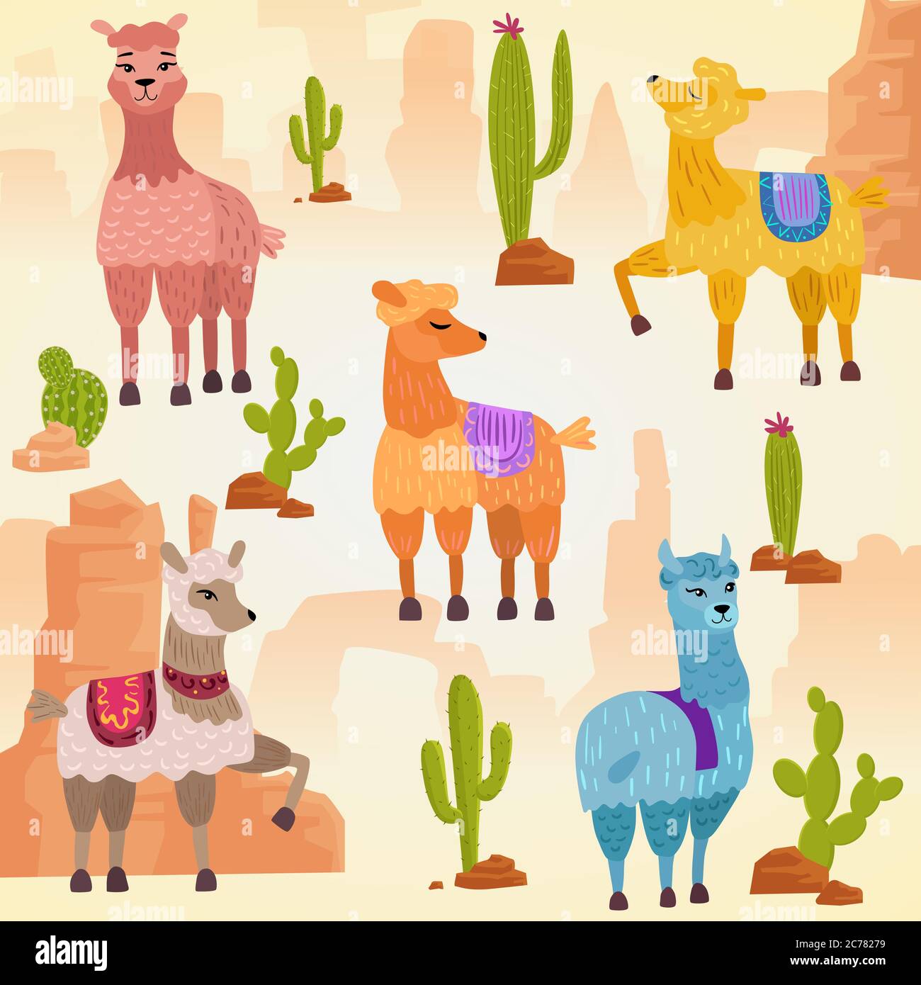Vector Ilustración conjunto de lindos vectores alpaca lama y cactus con piedras y rocas Ilustración del Vector