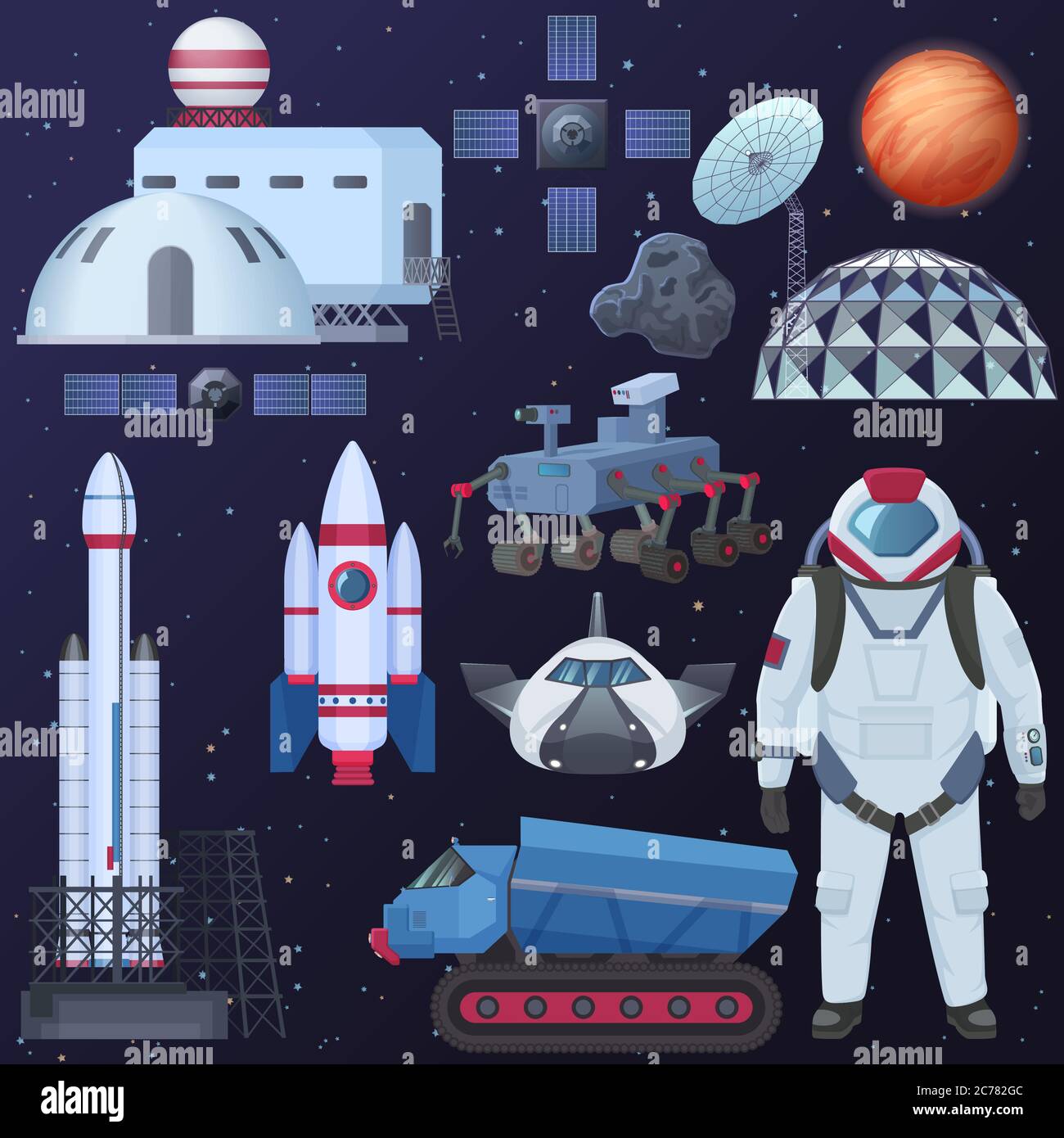 Ilustración vectorial de diferentes elementos de naves espaciales, astronauta en los trajes espaciales, edificios de colonización, nave espacial satelital, cohete y mars rover Ilustración del Vector