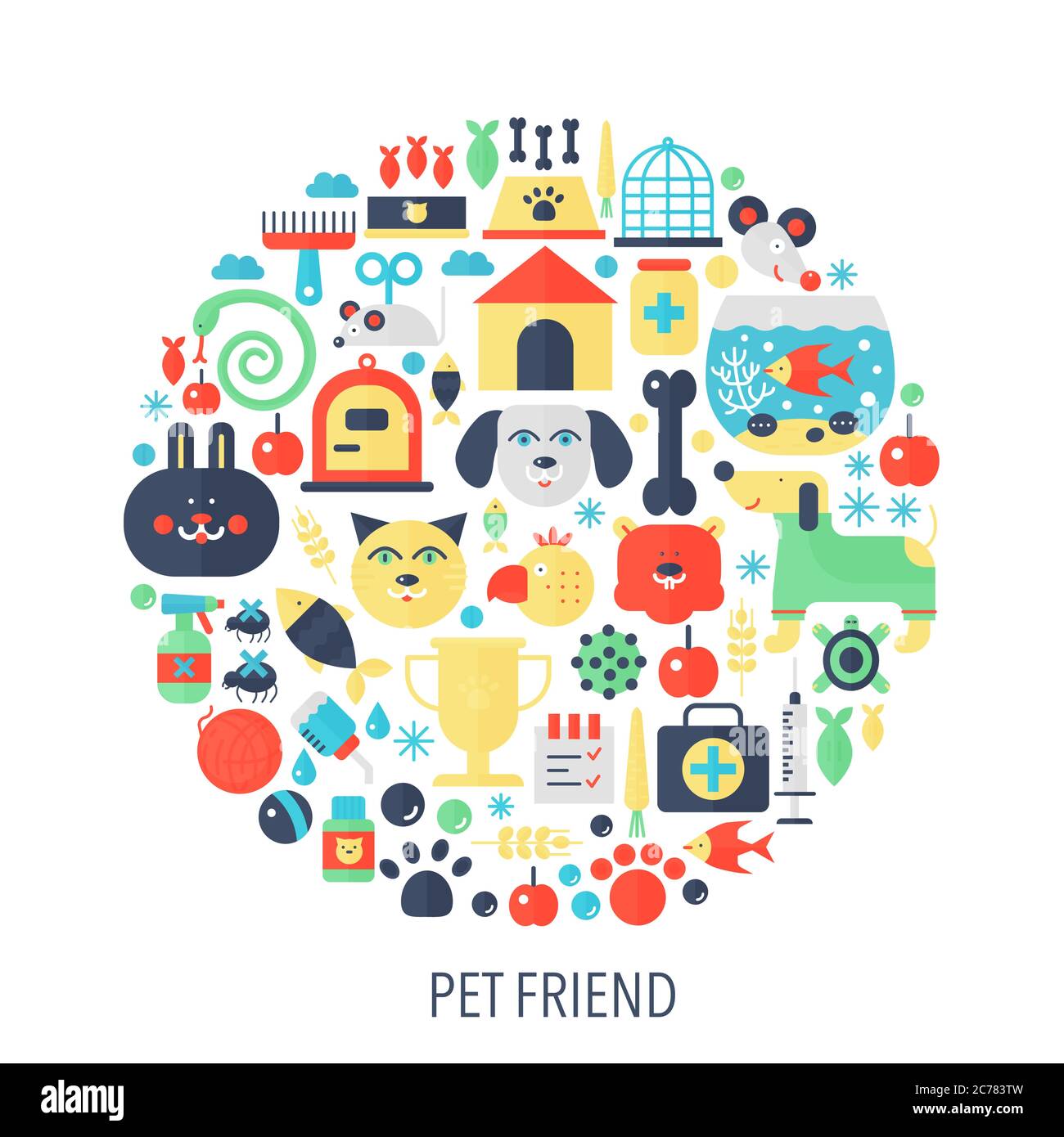 Mascota amigo plano infografías iconos en círculo - color concepto ilustración para la portada de la tienda de mascotas, emblema, plantilla Ilustración del Vector