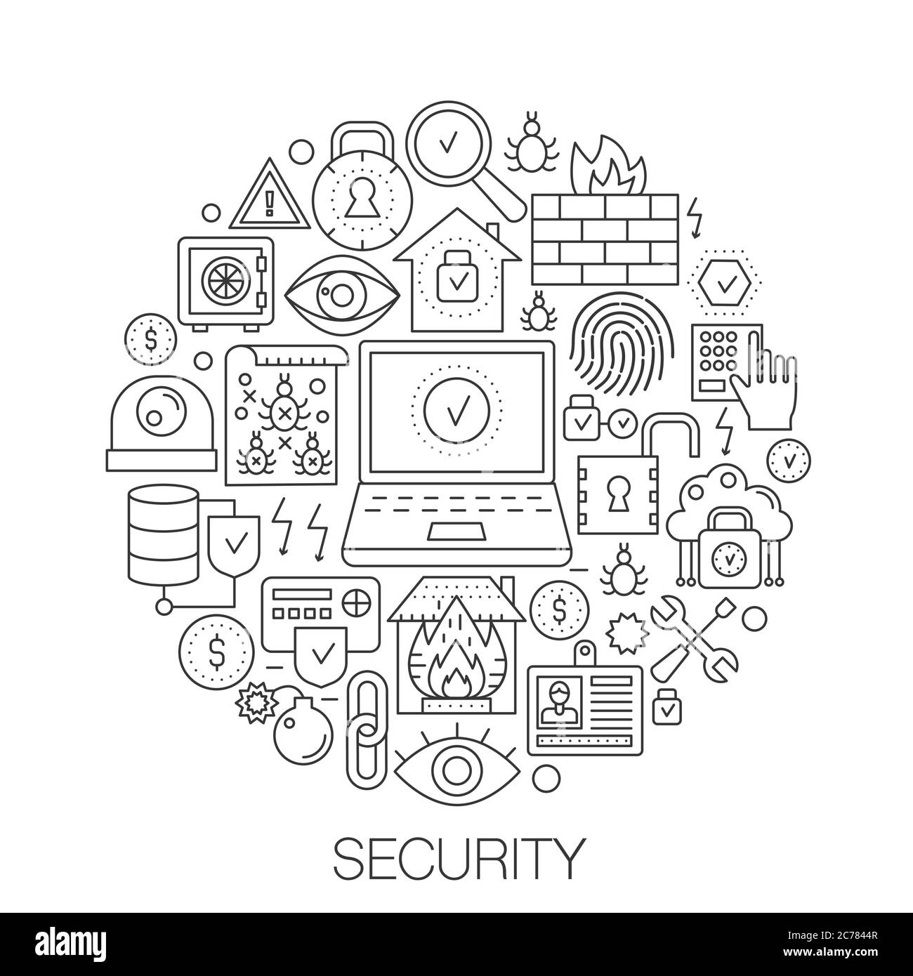 Seguridad en círculo - ilustración de línea conceptual para la cubierta, emblema, insignia. Iconos de trazo de línea fina de seguridad. Ilustración del Vector