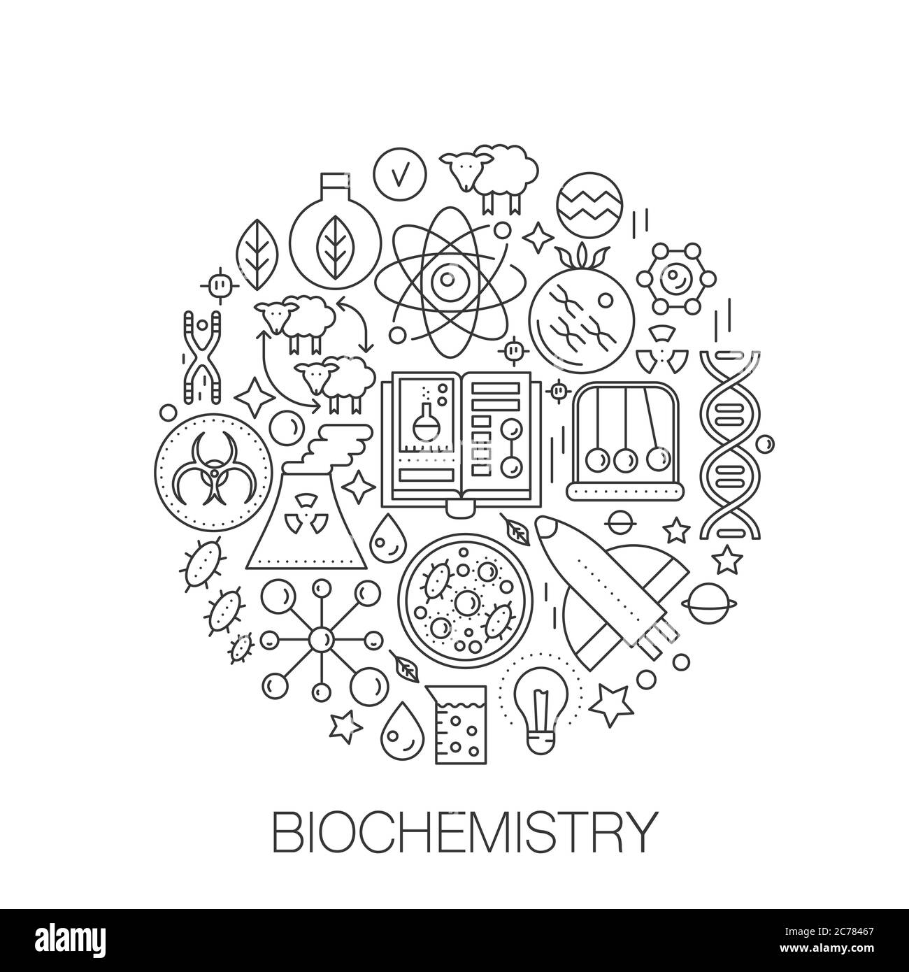 Bioquímica genética en círculo - ilustración de línea conceptual para la cubierta, emblema, insignia. Tecnología de biología, conjunto de iconos de trazo de línea fina Ilustración del Vector