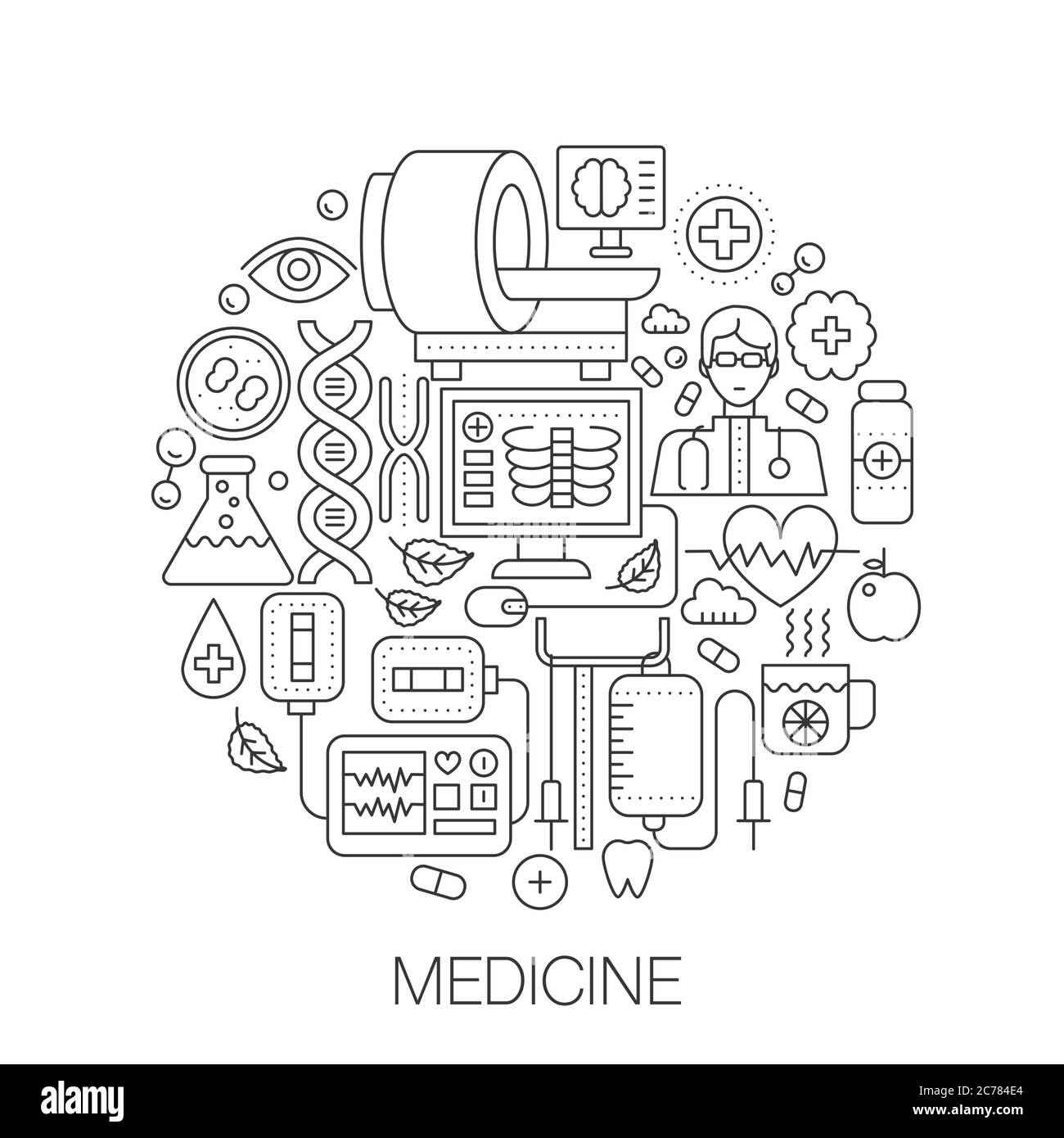 Medicina y salud en círculo - ilustración de línea conceptual para la  portada, emblema, insignia. Iconos de trazo de línea fina de medicina  Imagen Vector de stock - Alamy