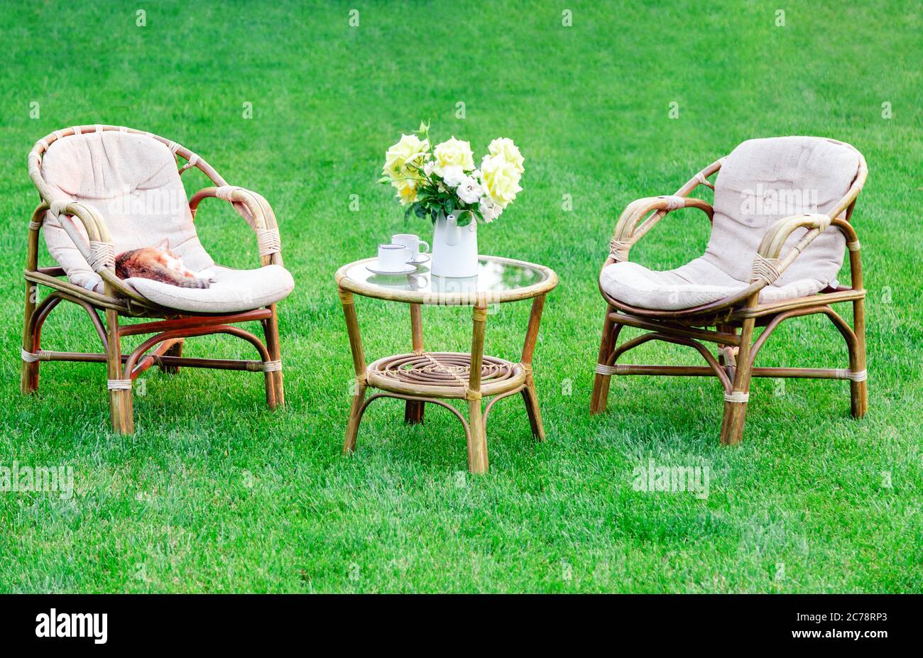 Dos sillones, muebles de jardín de madera en césped al aire libre para  relajarse en los días calurosos de verano. Jardín paisaje con dos sillas en  la naturaleza, flores en Fotografía de