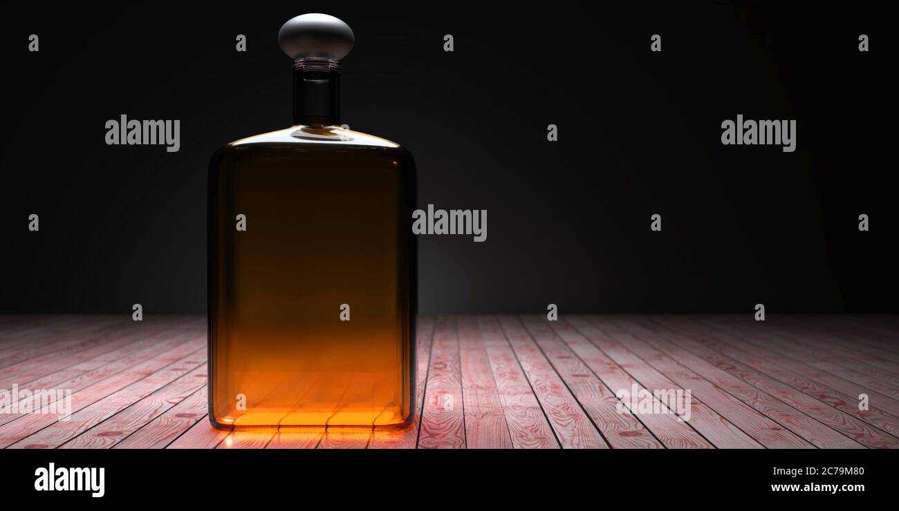 Botella de whisky o brandy en suelo de madera, fondo oscuro de bodega, sin nombre de alcohol, espacio de copia, banner. ilustración 3d Foto de stock